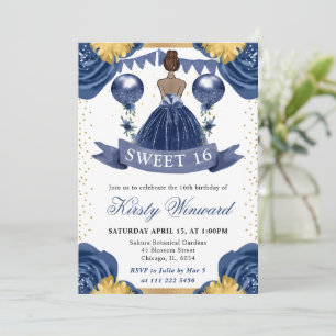 Invitación Vestido Azul Marino Princesa De Piel Oscura Cumple
