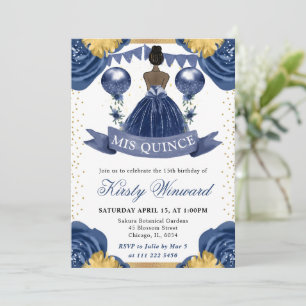 Invitación Vestido Azul Marino Princesa Quinceañera de Piel O