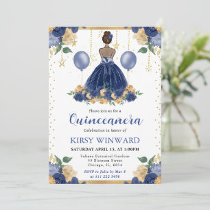Invitación Vestido Azul Marino Princesa Quinceañera Piel Oscu