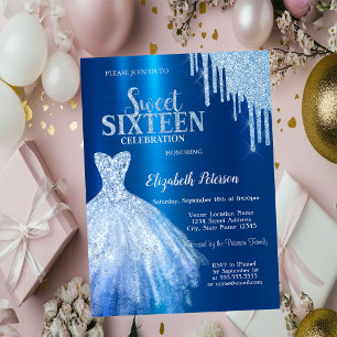 Invitación Vestido azul metálico con gotas de purpurina azul
