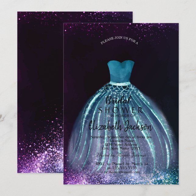 Invitación Vestido azul Moda elegante, ducha de novia (Anverso / Reverso)