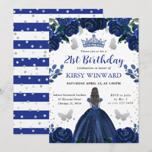 Invitación Vestido Azul Oscuro Cumpleaños Princesa Morena