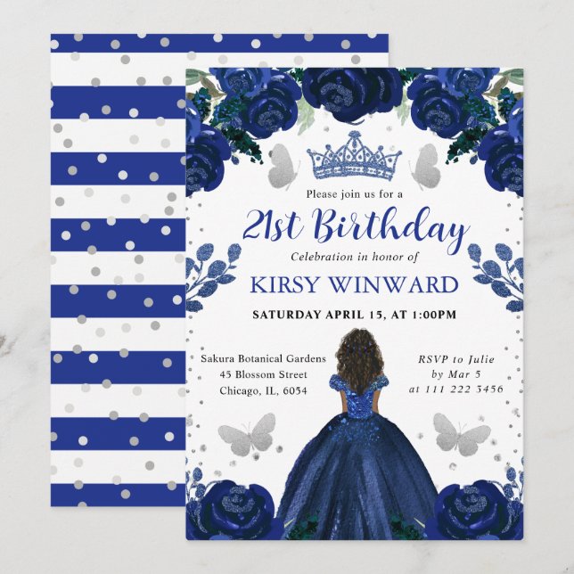 Invitación Vestido azul oscuro Piel oscura Princesa Cumpleaño (Anverso / Reverso)