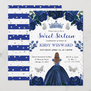 Invitación Vestido Azul Oscuro Princesa Pelirroja Dulces 16