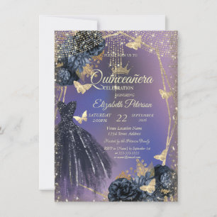 Invitación Vestido Azul Oscuro, Rosas, Mariposas Doradas Quin