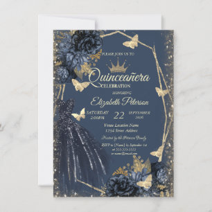 Invitación Vestido Azul Oscuro, Rosas, Mariposas Doradas Quin