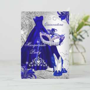 Invitación Vestido Azul Plateado máscara Quinceañera Tiara