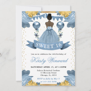 Invitación Vestido Azul Polvo Princesa De Piel Oscura Cumple 