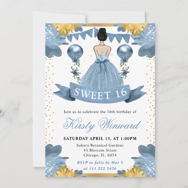 Invitación Vestido azul polvoriento Cabello castaño Princesa  (Anverso)