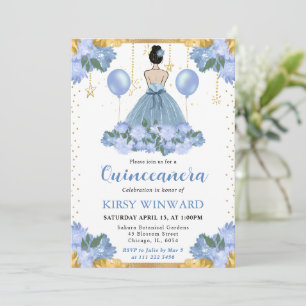 Invitación Vestido Azul Polvoriento Princesa Morena Quinceañe