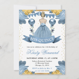 Invitación Vestido azul polvoriento Princesa rubia Quinceañer