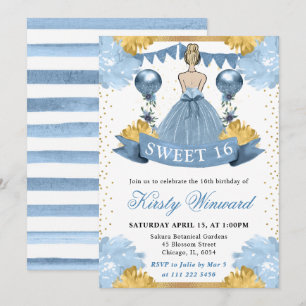 Invitación Vestido azul polvoriento Princesa rubia Sweet 16
