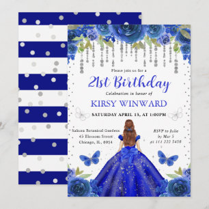 Invitación Vestido Azul Real Cumpleaños de Princesa Pelirroja