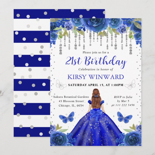Invitación Vestido Azul Real Cumpleaños de Princesa Pelirroja (Anverso / Reverso)