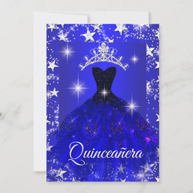 Invitación Vestido azul real Esparkle Tiara Estrellas Quincea (Anverso)