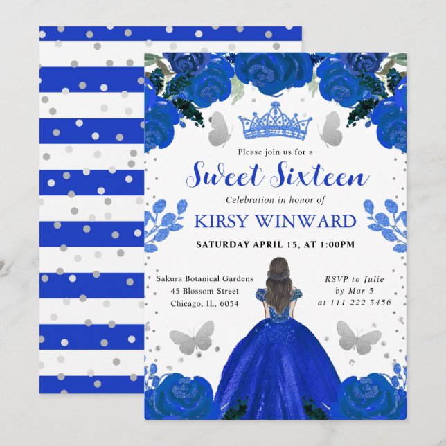 Invitación Vestido Azul Real Morena Princesa Dulces 16 (Anverso / Reverso)
