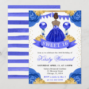 Invitación Vestido Azul Real Princesa De Piel Oscura Cumple 1