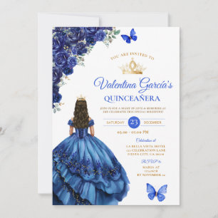 Invitación Vestido Azul Real Quinceañera 15 Años Flores Dorad