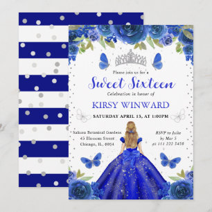 Invitación Vestido Azul Real Rubia  Princesa Dulces 16