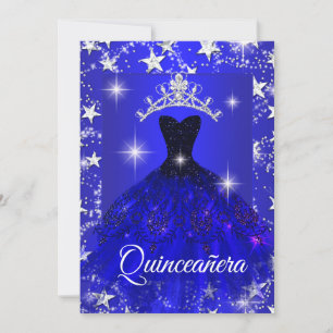 Invitación Vestido Azul Real Tiara de Brillo Estrellas Quince