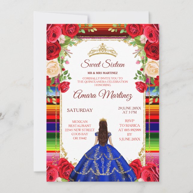 Invitación Vestido azul real y dulce colorido 16 cumpleaños (Anverso)