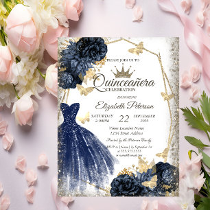 Invitación Vestido Azul, Rosas, Mariposas Doradas Quinceañera