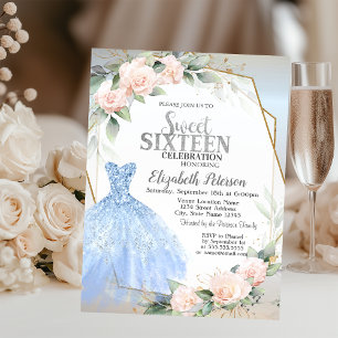 Invitación Vestido Azul,Rosas Rosadas Marco Plateado Cumpleañ