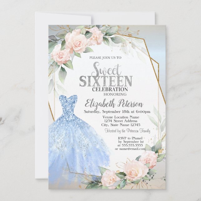 Invitación Vestido azul,Roses rosado marco plateado dulce 16 (Anverso)