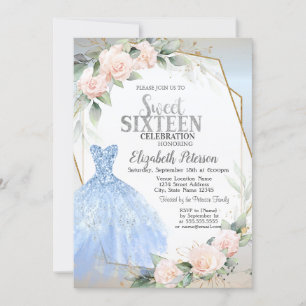 Invitación Vestido azul,Roses rosado marco plateado dulce 16