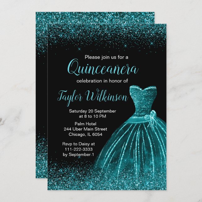 Invitación Vestido azul verde azulado Faux Purpurina Quincean (Anverso / Reverso)