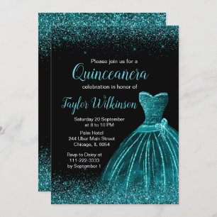 Invitación Vestido azul verde azulado Faux Purpurina Quincean