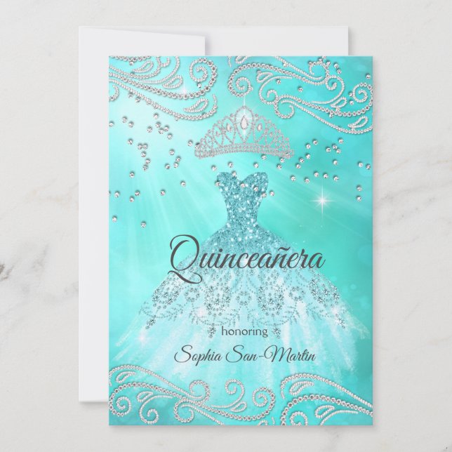 Invitación Vestido azul verde azulado Plata Quinceanera 15º c (Anverso)