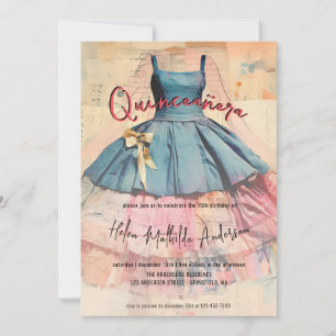 Invitación Vestido Azul Vintage Quinceañera Aquarela