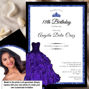 Invitación Vestido Azul y Diadema Debut Cumpleaños 18