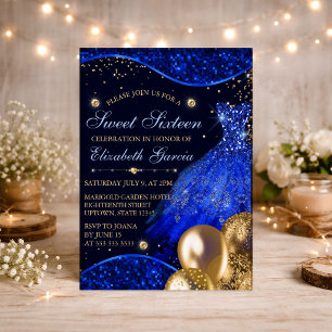 Invitación Vestido Azul y Globos de Purpurina Dorados Dulces 