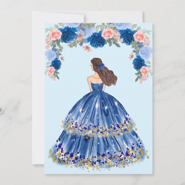 Invitación Vestido Azul Y Quinceanera Floral (Reverso)