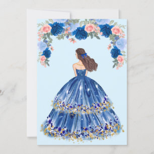 Invitación Vestido Azul Y Quinceanera Floral