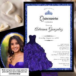 Invitación Vestido Azul y Tiara Foto Personalizada Quinceañer