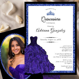 Invitación Vestido Azul y Tiara Foto Personalizada Quinceañer