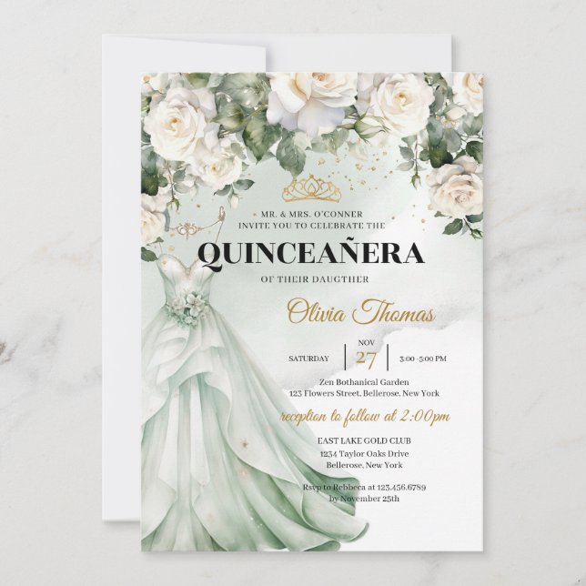 Invitación Vestido blanco Boho y verde de rosas blancas y oro (Anverso)