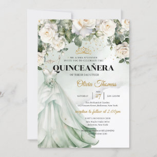 Invitación Vestido blanco Boho y verde de rosas blancas y oro