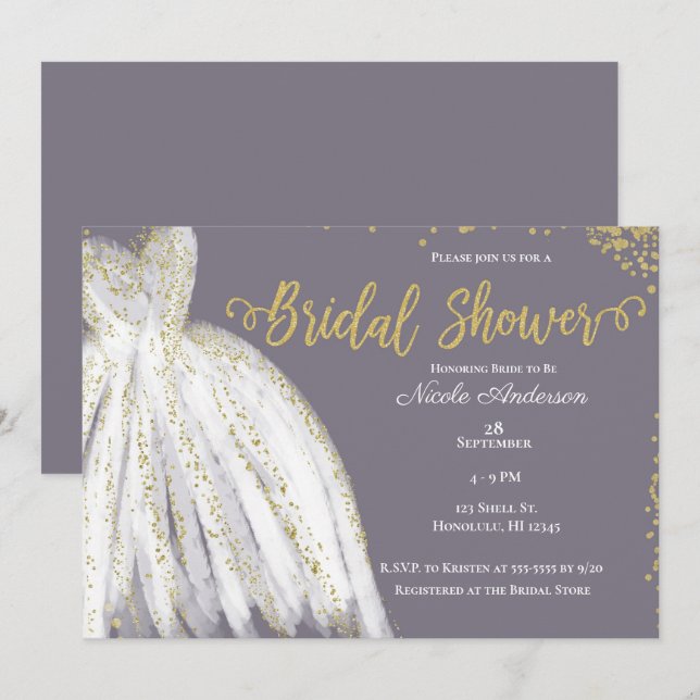 Invitación Vestido Blanco Brillo Dorado Gris Púrpura Despedid (Anverso / Reverso)