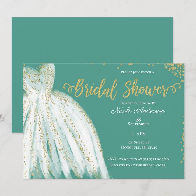 Invitación Vestido Blanco & Brillo Dorado Regadera Nupcial Te (Anverso / Reverso)