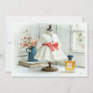 Invitación Vestido Blanco Cumpleaños 1er Perfume con Lazo Roj