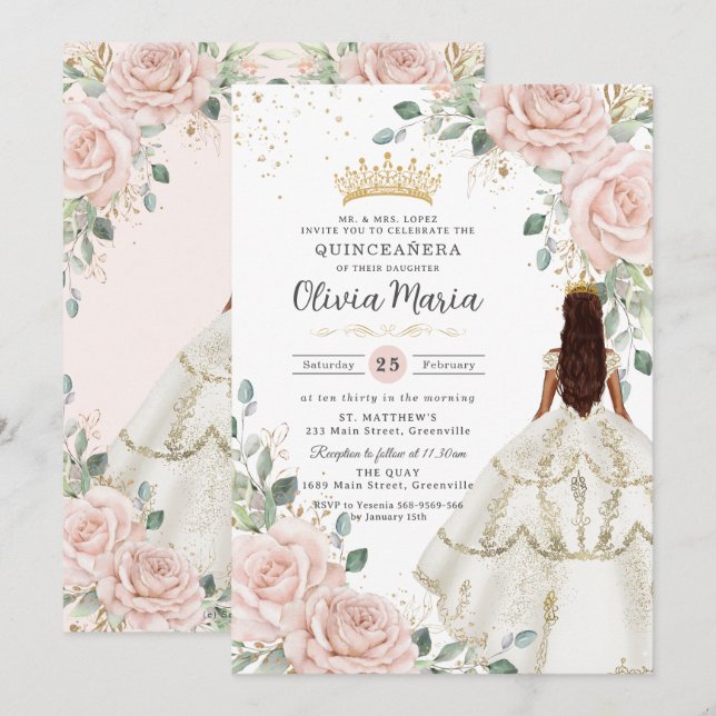 Invitación Vestido blanco floral de Rubor Princesa Gown Quinc (Anverso / Reverso)