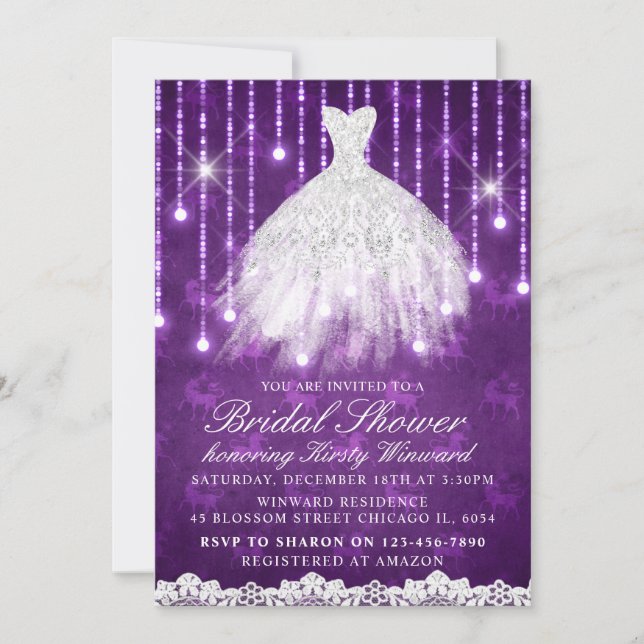 Invitación Vestido blanco Glamour Purple Bridal Shower (Anverso)