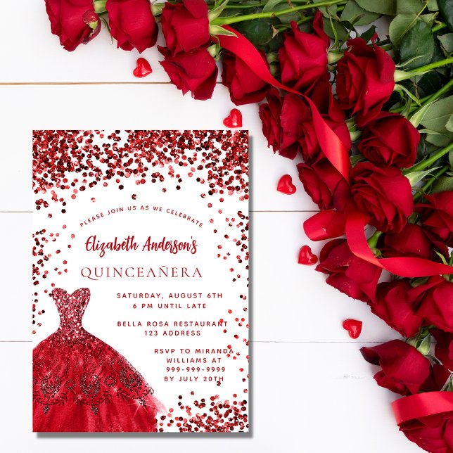 Invitación Vestido blanco rojo Quinceanera respira lujo (Subido por el creador)