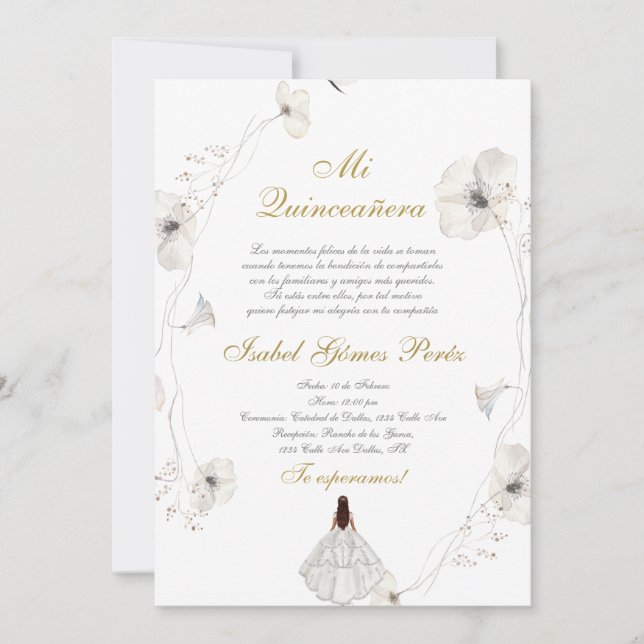 Invitación Vestido blanco Silhouette Quinceanera español (Anverso)