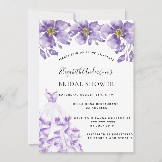 Invitación Vestido blanco violento elegante floral Ducha de n (Anverso)