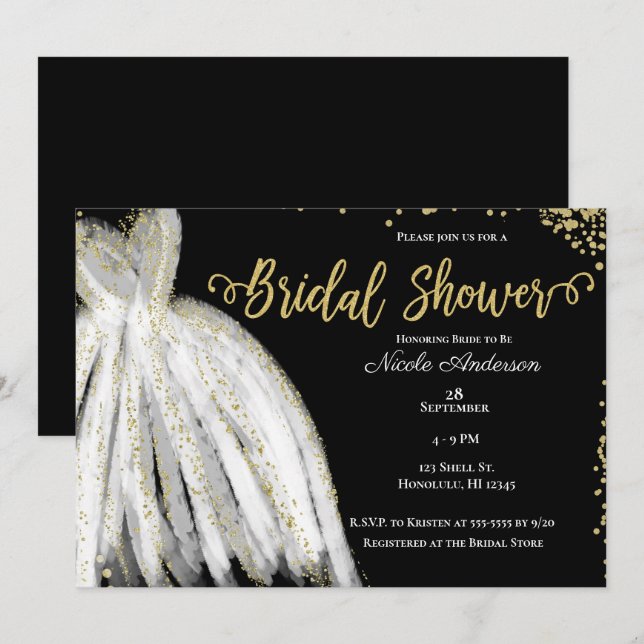 Invitación Vestido blanco y Purpurina dorado ducha de novia n (Anverso / Reverso)